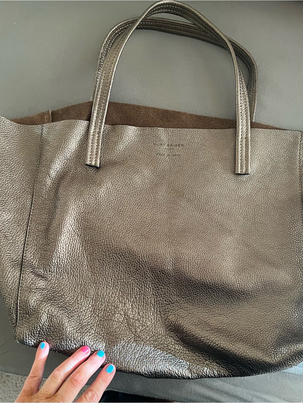 Kurt Geiger oversized horizontal leather metallic tote bag in pewter
